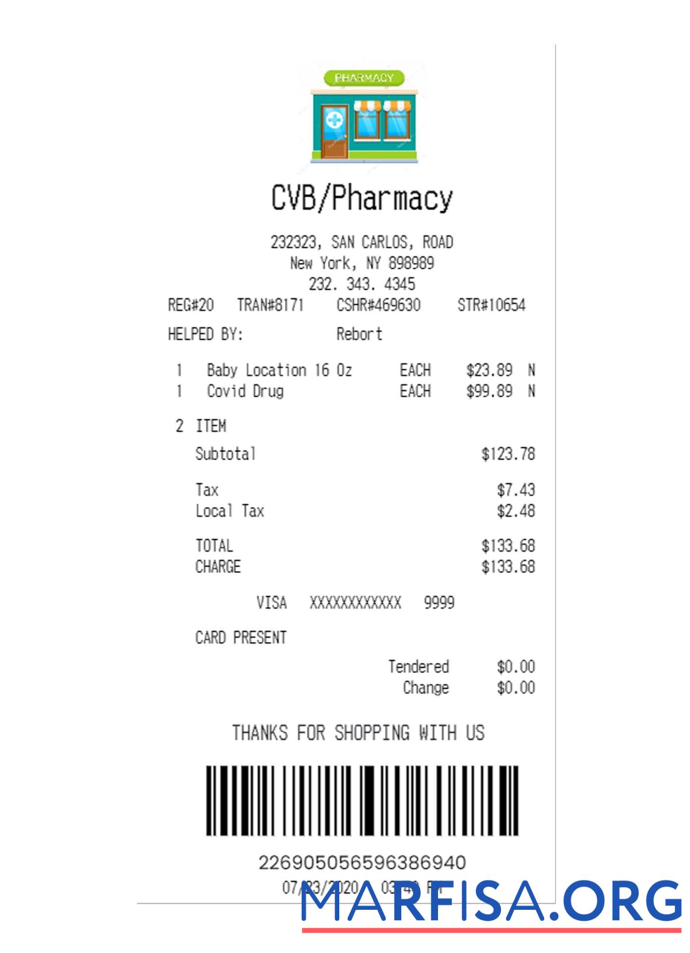 Printable CVB PHARMACY receipt template